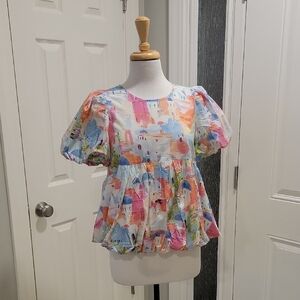 Entro Multicolor Abstract Balloon Sleeves and Hem Blouse